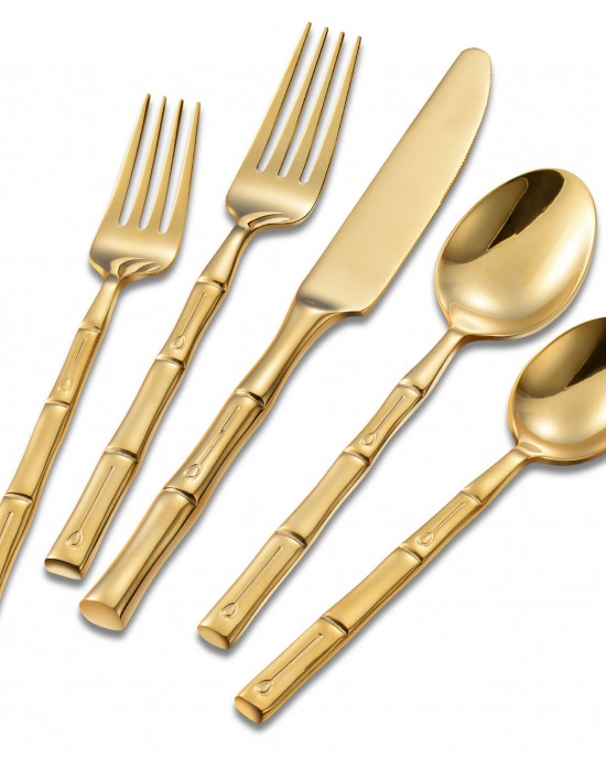 Western Bamboo Style Handle Wedding Durable Mirror Gold Fork Knife Spoon Set Stainless Steel Flatware Set Western Bamboo Style Handle Wedding Durable Mirror Gold Fork Knife Spoon Set Stainless Steel Flatware Set