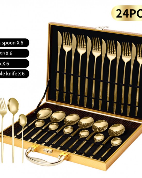 Hot Sale Wood Packing Box Fork Knife Spoon Black Gold Flatware 24pcs Stainless Steel Silverware Cutlery Set for Weeding Party Hot Sale Wood Packing Box Fork Knife Spoon Black Gold Flatware 24pcs Stainless Steel Silverware Cutlery Set for Weeding Party
