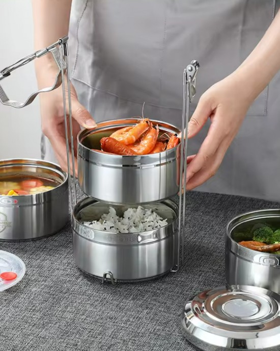 Food Grade Insulated Stainless Steel 304 Multi-layer Round Tiffin Lunch Box Portable With Lid For Student Kids Food Grade Insulated Stainless Steel 304 Multi-layer Round Tiffin Lunch Box Portable With Lid For Student Kids
