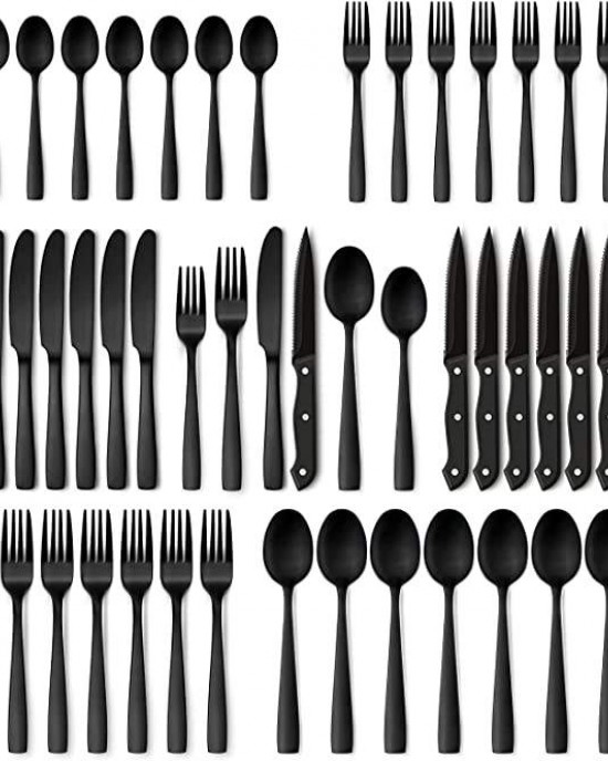 Black Flatware Set for 8 Stainless Steel Tableware Cutlery Set 48-Piece Matte Black Silverware Set with Steak Knives Black Flatware Set for 8 Stainless Steel Tableware Cutlery Set 48-Piece Matte Black Silverware Set with Steak Knives