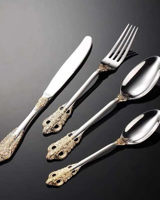 Luxury Stainless Steel Knife Fork Spoon Tableware Set Wedding Gold Silverware Palace Flatware Luxury Stainless Steel Knife Fork Spoon Tableware Set Wedding Gold Silverware Palace Flatware
