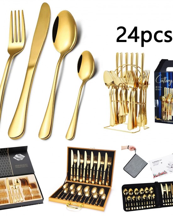 Luxury 24 Piece Home Flatware 1010 Gold Forks Spoons Knives Set 24 PCS Stainless Steel Cutlery with Box Case Luxury 24 Piece Home Flatware 1010 Gold Forks Spoons Knives Set 24 PCS Stainless Steel Cutlery with Box Case
