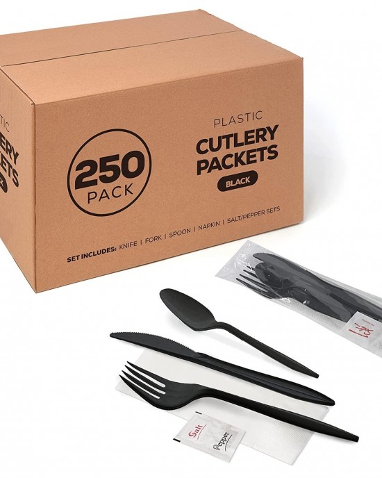 250 Plastic Cutlery Packets - Knife Fork Spoon Napkin Salt Pepper Sets, White Individually Wrapped Cutlery Kits 250 Plastic Cutlery Packets - Knife Fork Spoon Napkin Salt Pepper Sets, White Individually Wrapped Cutlery Kits