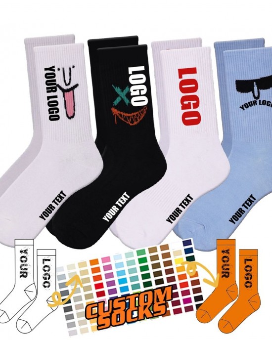 FREE DESIGN & MOCK-UP Custom Logo Men Jacquard Letter Sock Customized Pattern Crew Socks With Design Logo FREE DESIGN & MOCK-UP Custom Logo Men Jacquard Letter Sock Customized Pattern Crew Socks With Design Logo