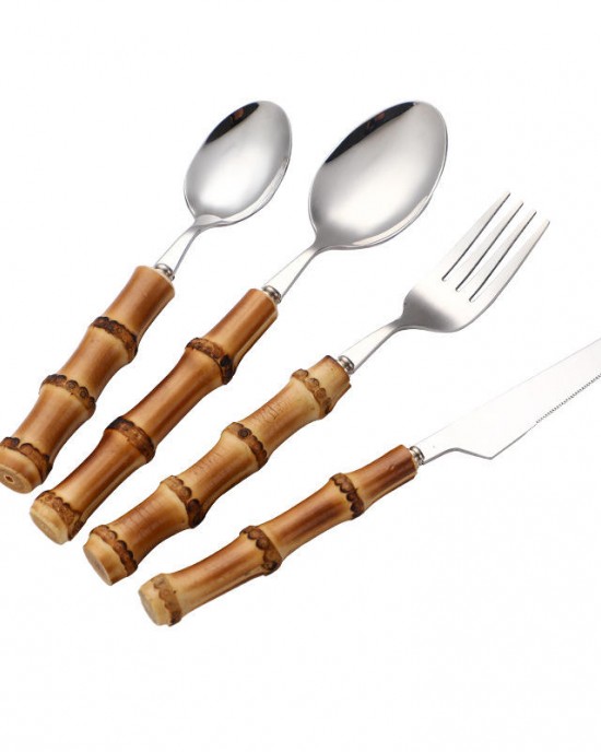 Reusable Natural Bamboo Handle Flatware Silverware Knife Fork Spoon 304 Stainless Steel Cutlery Set with Bamboo Handle Reusable Natural Bamboo Handle Flatware Silverware Knife Fork Spoon 304 Stainless Steel Cutlery Set with Bamboo Handle