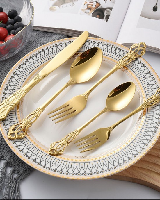 Hollow Relief Design Retro Royal Knife Spoon and Fork Stainless Steel Gold Flatware Vintage Cutlery Set for Wedding Hollow Relief Design Retro Royal Knife Spoon and Fork Stainless Steel Gold Flatware Vintage Cutlery Set for Wedding