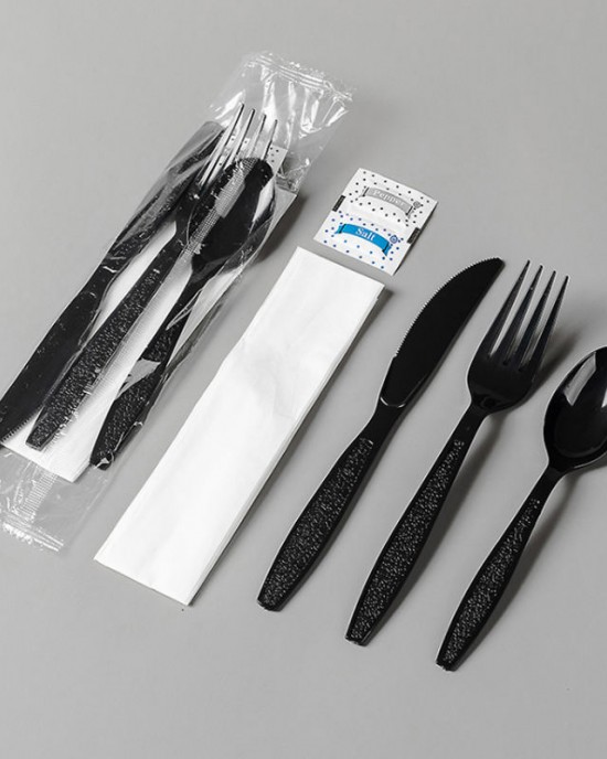 Black Heavy Duty Plastic Cutlery Set with Napkin Disposable PS Fork with Knife Spoon Set Black Heavy Duty Plastic Cutlery Set with Napkin Disposable PS Fork with Knife Spoon Set