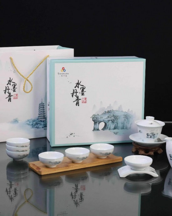 New Chinese Style 10 Piece Set of Water Ink and Green Three Talents Gaiwan Set for Kungfu Tea Ceramic Teacup Set New Chinese Style 10 Piece Set of Water Ink and Green Three Talents Gaiwan Set for Kungfu Tea Ceramic Teacup Set