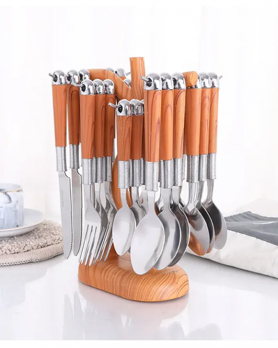 Hot Selling Wooden Handle Stainless Steel Flatware Set Knife Serve Fork Spoon Portable 24pcs Dinnerware Tableware Set With Rack Hot Selling Wooden Handle Stainless Steel Flatware Set Knife Serve Fork Spoon Portable 24pcs Dinnerware Tableware Set With Rack