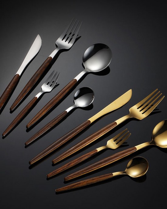 Luxury Portable Wood Handle Gold Silver Stainless Steel Tableware Flatware Silverware Fork Spoon Knife Cutlery Box Set Luxury Portable Wood Handle Gold Silver Stainless Steel Tableware Flatware Silverware Fork Spoon Knife Cutlery Box Set