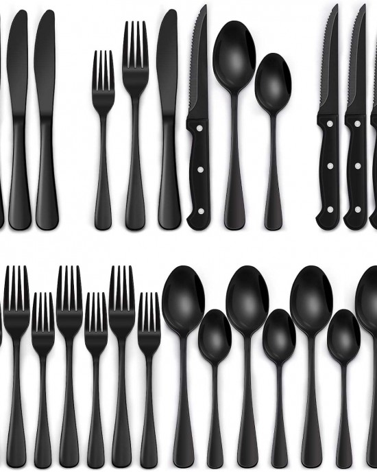 24-Piece Black Silverware Set Steak Knives Tableware Cutlery 4 Food-Grade Stainless Steel Utensils Mirror Finished Flatware Home