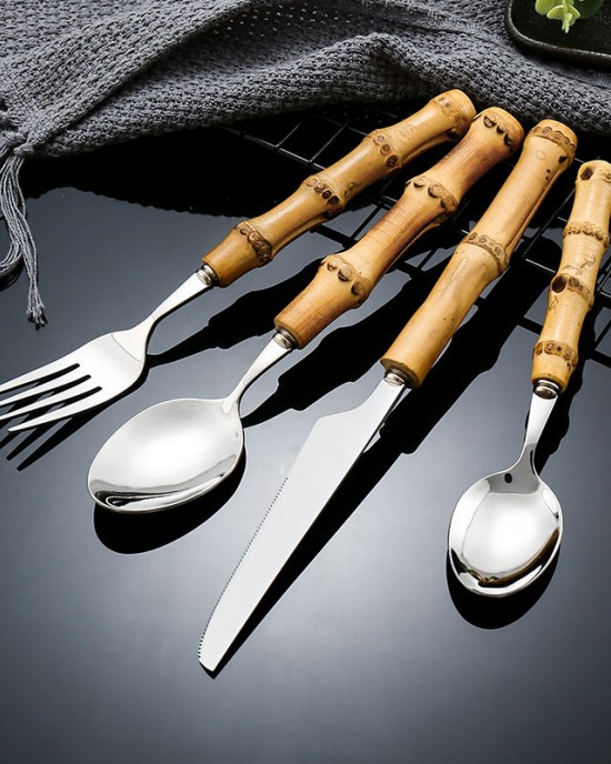 Food Grade Bamboo Shape Cutlery Reusable Stainless Steel 304 Spoon Fork Knife Bamboo Handle Flatware Sets Food Grade Bamboo Shape Cutlery Reusable Stainless Steel 304 Spoon Fork Knife Bamboo Handle Flatware Sets