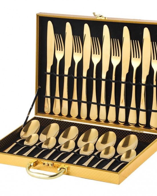 Wholesale 24pcs Gold Stainless Steel Cutlery Set Disposable and Sustainable Metal Spoon Fork Knife Teaspoon With Wooden Box Wholesale 24pcs Gold Stainless Steel Cutlery Set Disposable and Sustainable Metal Spoon Fork Knife Teaspoon With Wooden Box