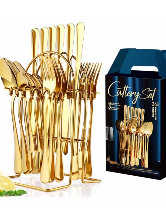 Factory Wholesale Best Selling Stainless Steel Knife Fork Spoon set 24pcs Gold Flatware Luxury Cutlery Set With Stand Factory Wholesale Best Selling Stainless Steel Knife Fork Spoon set 24pcs Gold Flatware Luxury Cutlery Set With Stand