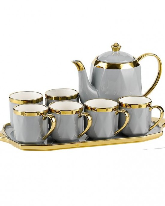 Coffee Mug Cup Set Luxury Coffee and Tea Sets with Teapot Grey Gold Rim Porcelain Customized Logo Country Ceramic Business Gifts Coffee Mug Cup Set Luxury Coffee and Tea Sets with Teapot Grey Gold Rim Porcelain Customized Logo Country Ceramic Business Gifts